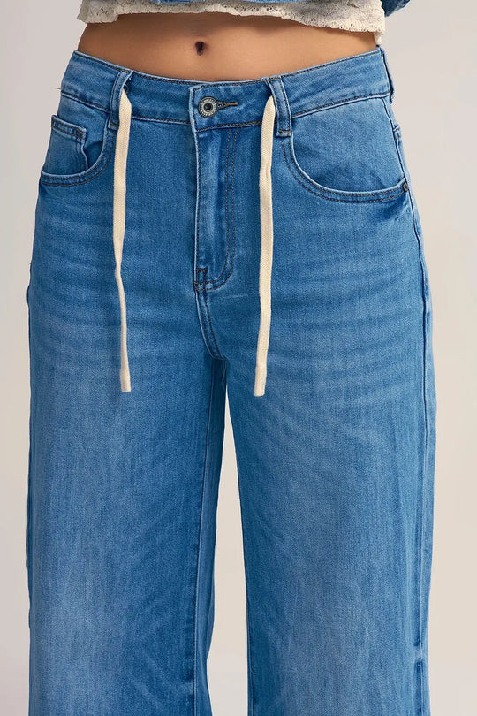 Light-Wash Wide-Leg Jeans with Drawstring Waist - Jeans