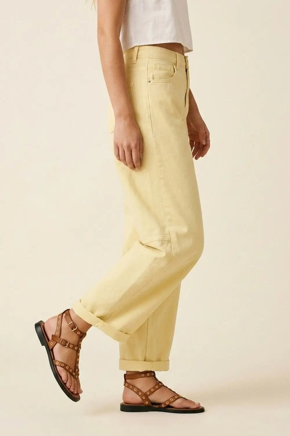 Q2 Light Yellow Wide-Leg Cotton Pants with side seam