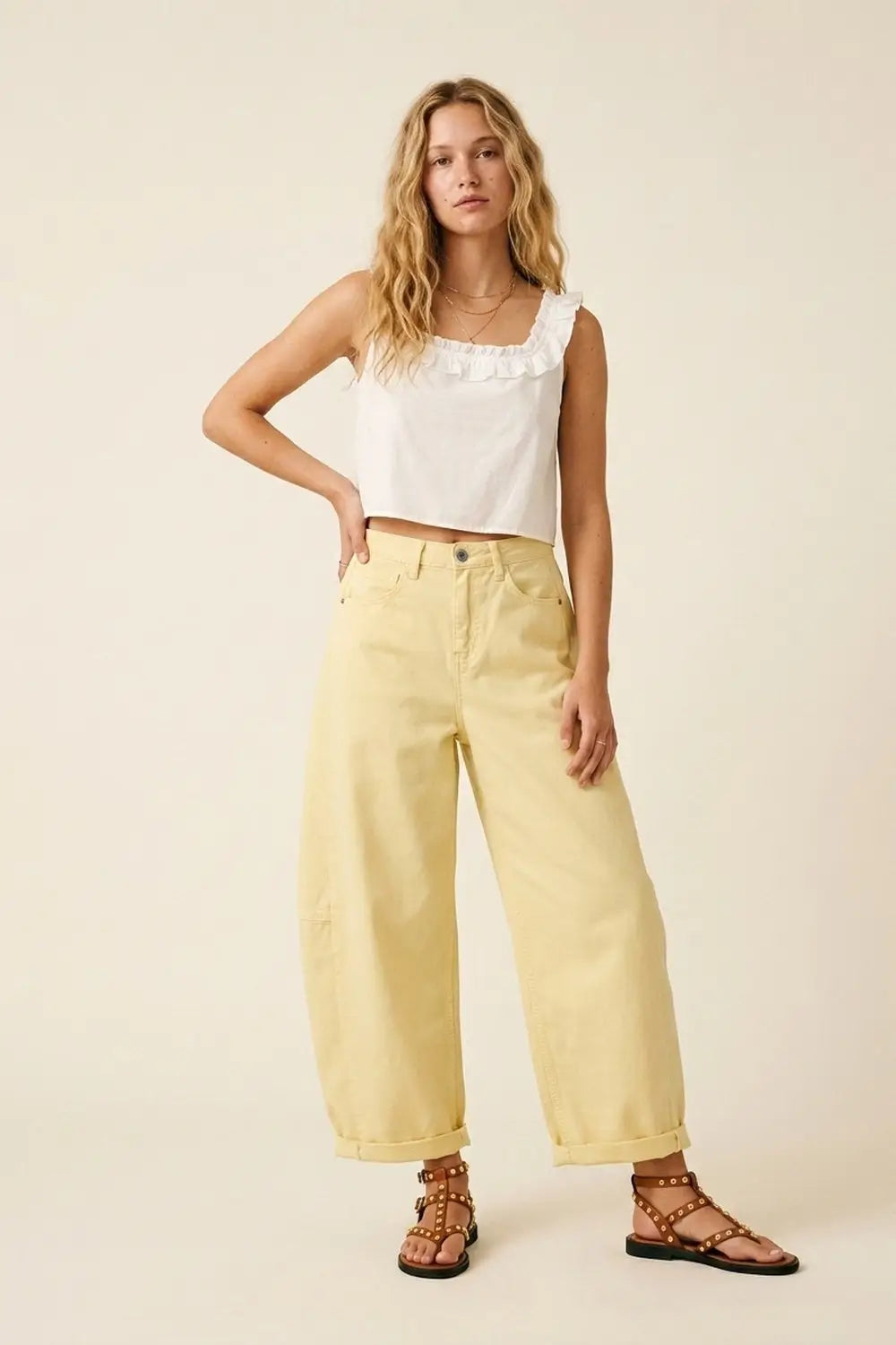Light Yellow Wide-Leg Cotton Pants with side seam - Jeans