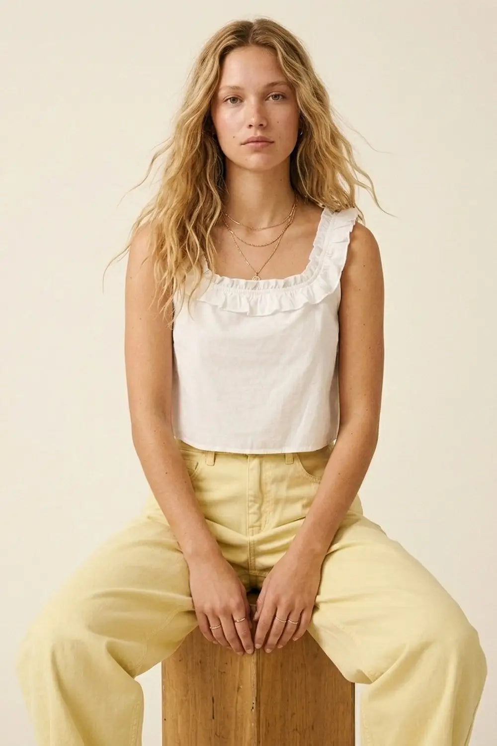 Light Yellow Wide-Leg Cotton Pants with side seam - Jeans