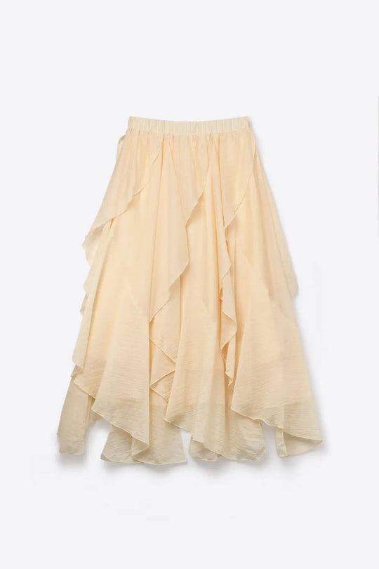 Lightweight chiffon Ruffle Asymmetrical maxi Skirt in beige color - Skirts