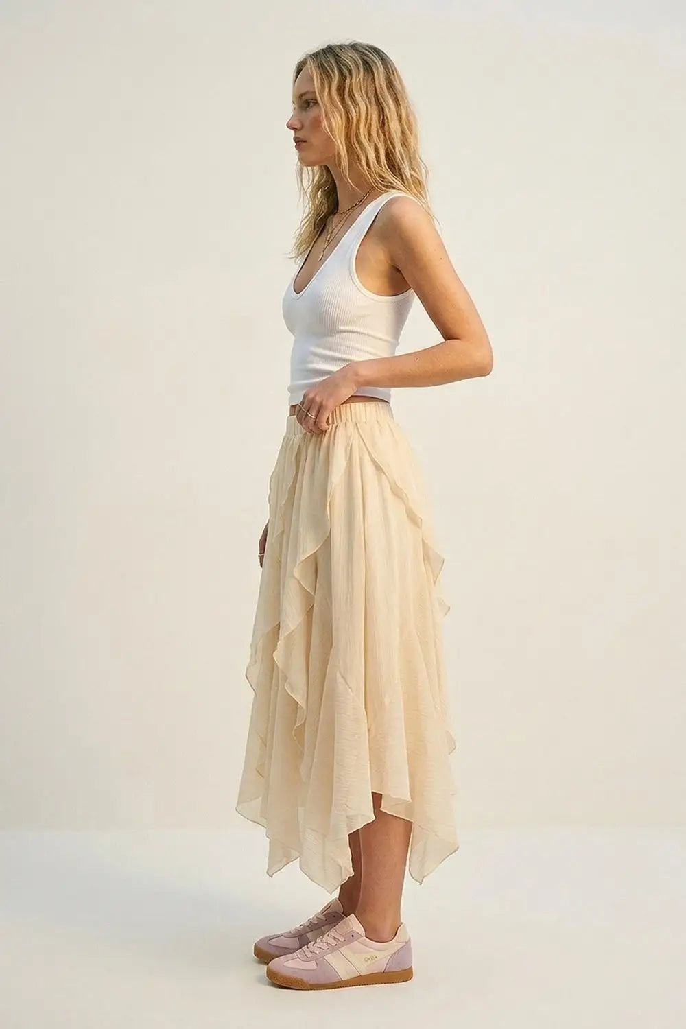 Lightweight chiffon Ruffle Asymmetrical maxi Skirt in beige color - Skirts