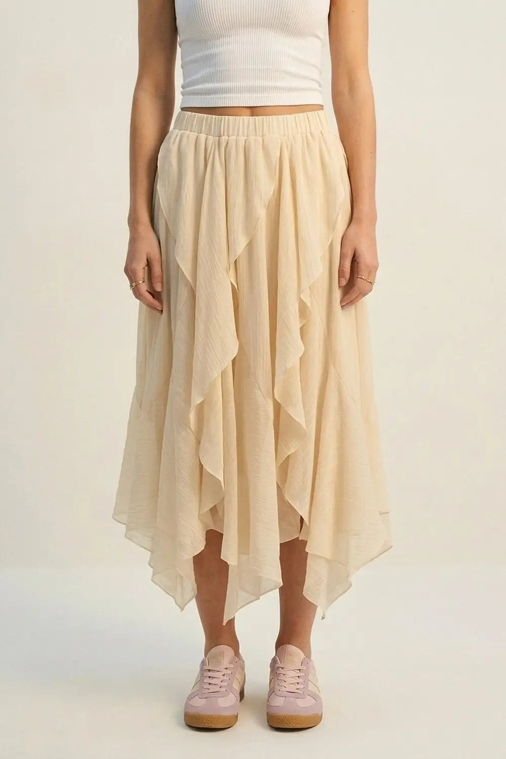 Q2 Lightweight chiffon Ruffle Asymmetrical maxi Skirt in beige color