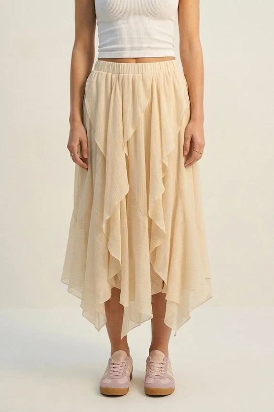 Q2 Lightweight chiffon Ruffle Asymmetrical maxi Skirt in beige color