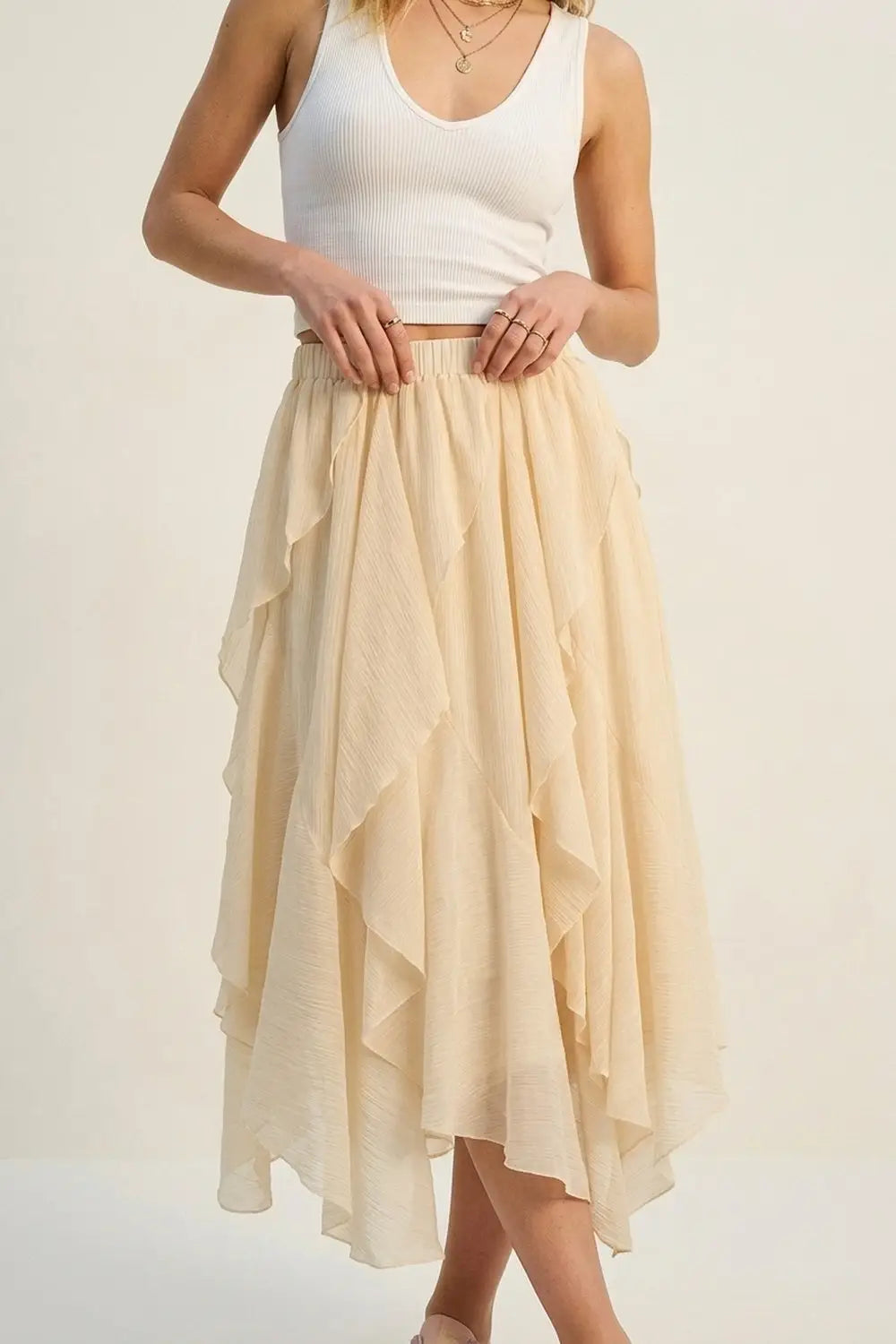Lightweight chiffon Ruffle Asymmetrical maxi Skirt in beige color - Skirts