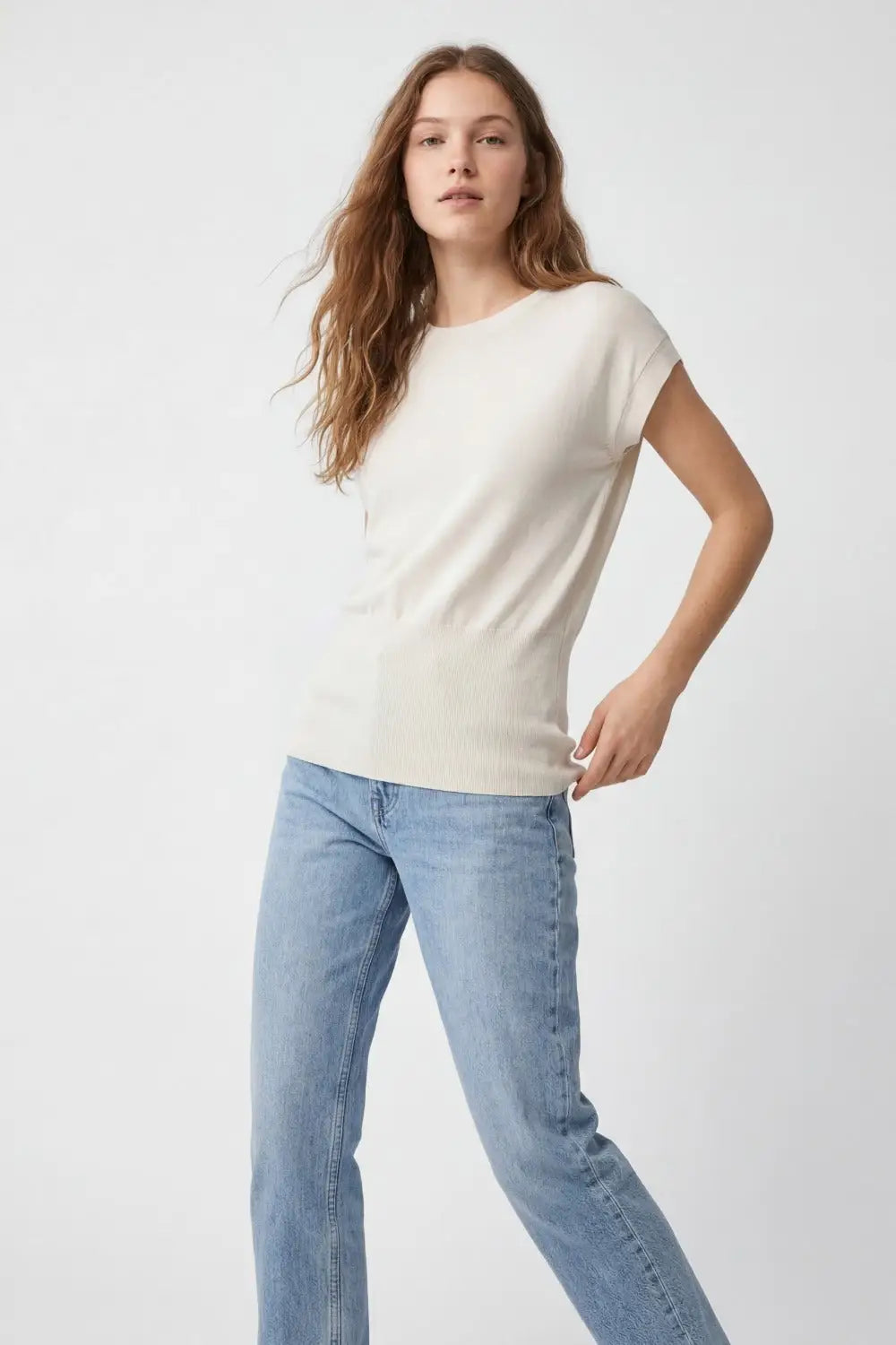 Lightweight Knit sweater with Wide Ribbed Waistband in beige - One Size / Beige