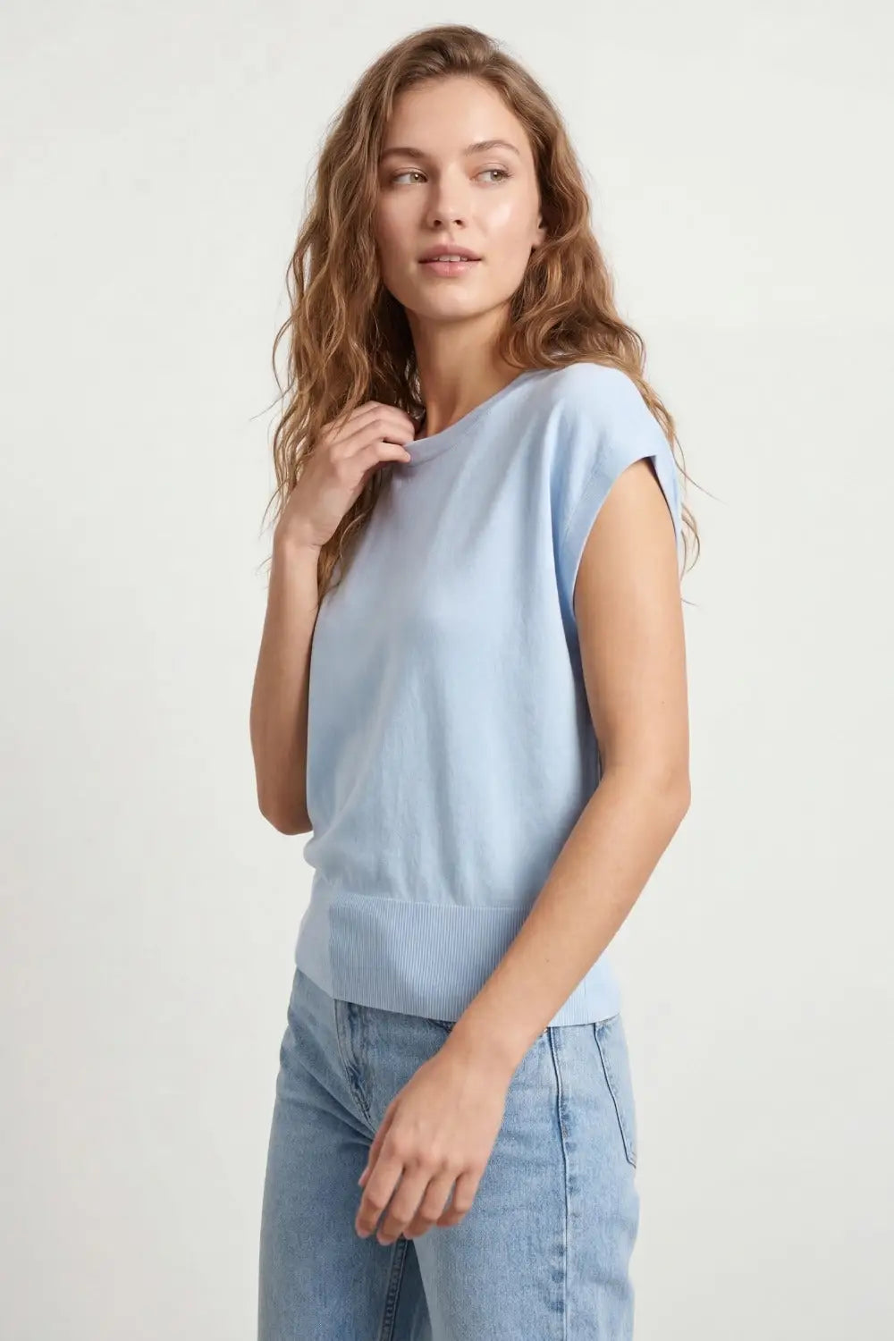 Lightweight Knit sweater with Wide Ribbed Waistband in light blue - One Size / Blue