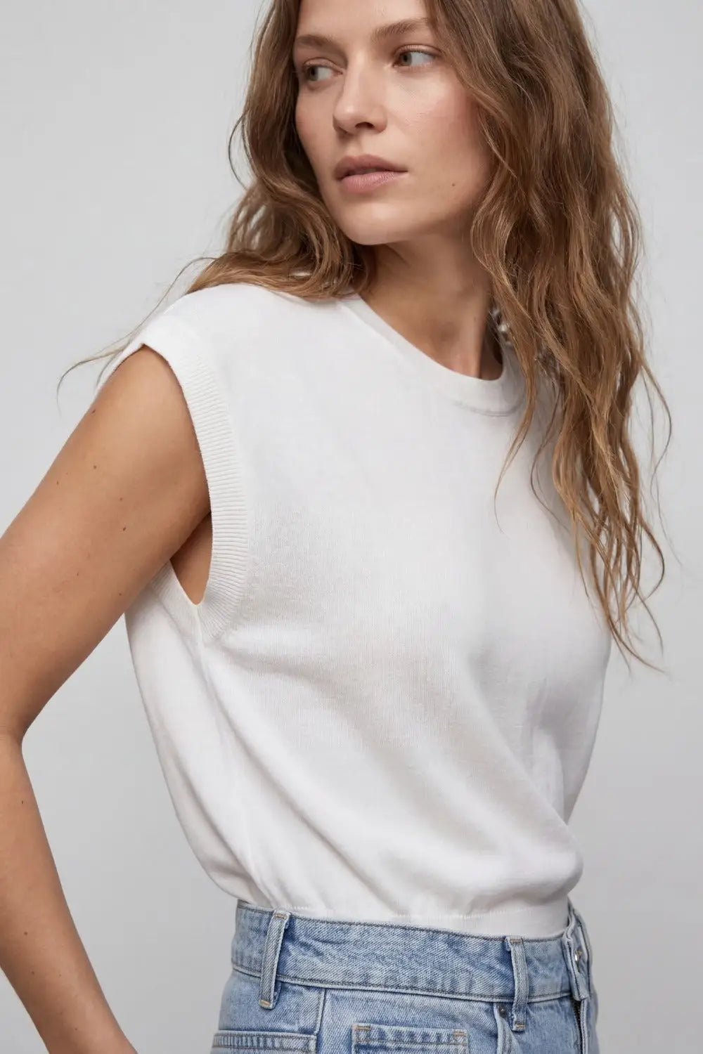 Lightweight Knit sweater with Wide Ribbed Waistband in white - One Size / White