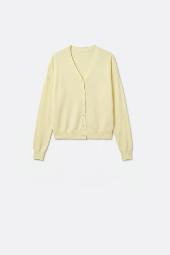 Q2 Lightweight knitted V-Neck Cardigan in Soft butter Yellow