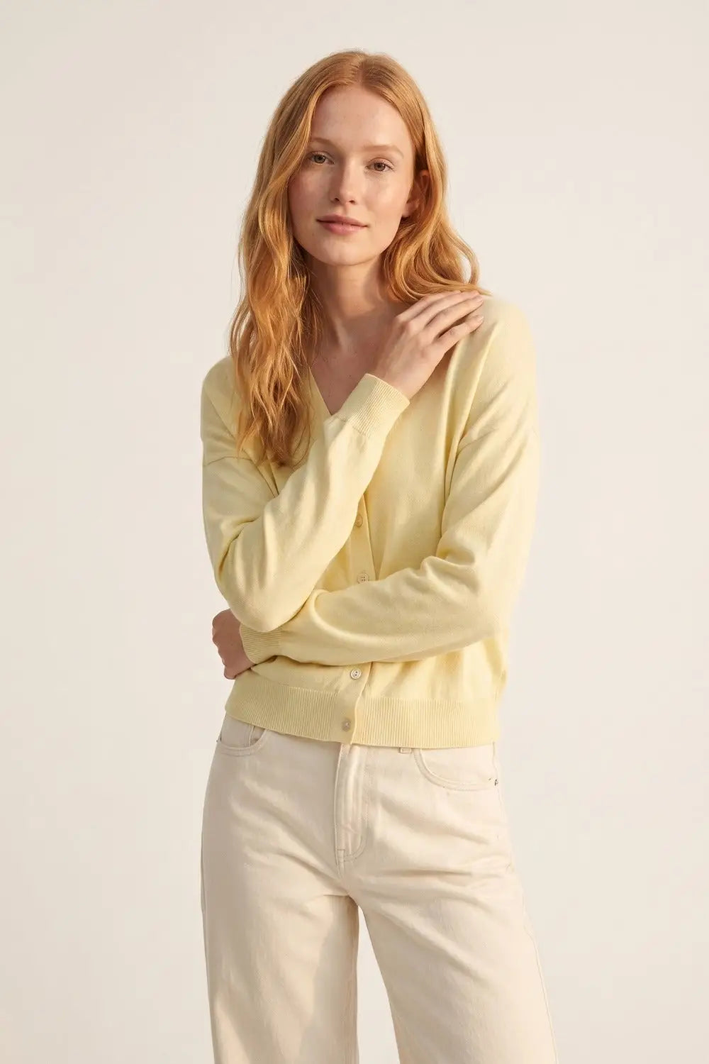 Lightweight knitted V-Neck Cardigan in Soft butter Yellow - One Size / Yellow