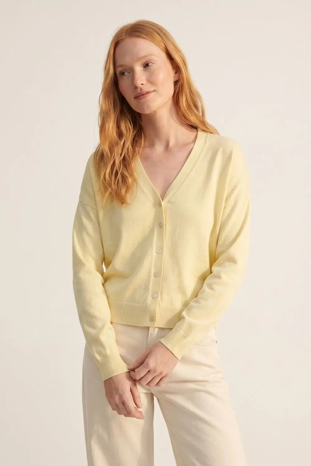 Lightweight knitted V-Neck Cardigan in Soft butter Yellow - One Size / Yellow