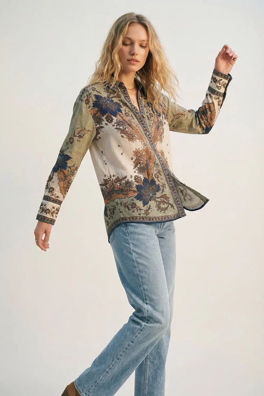 Lightweight Paisley-Print Shirt with Ornamental Border Detail - Shirts