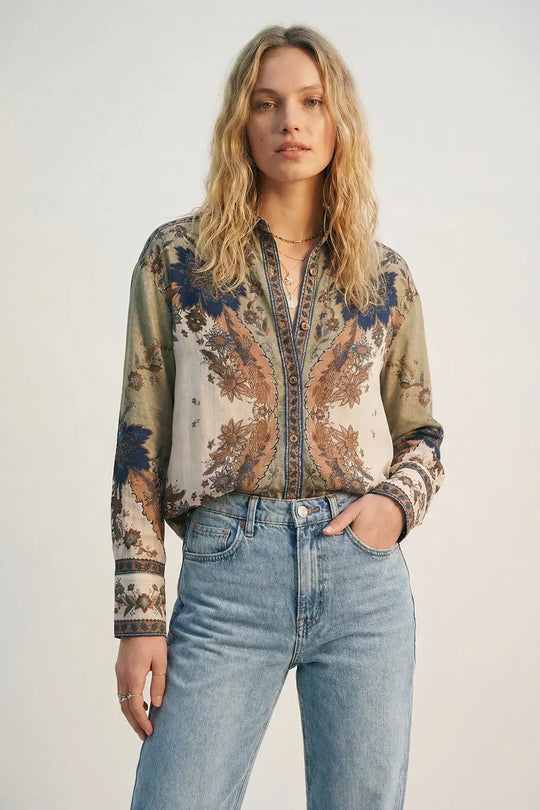 Lightweight Paisley-Print Shirt with Ornamental Border Detail - Shirts