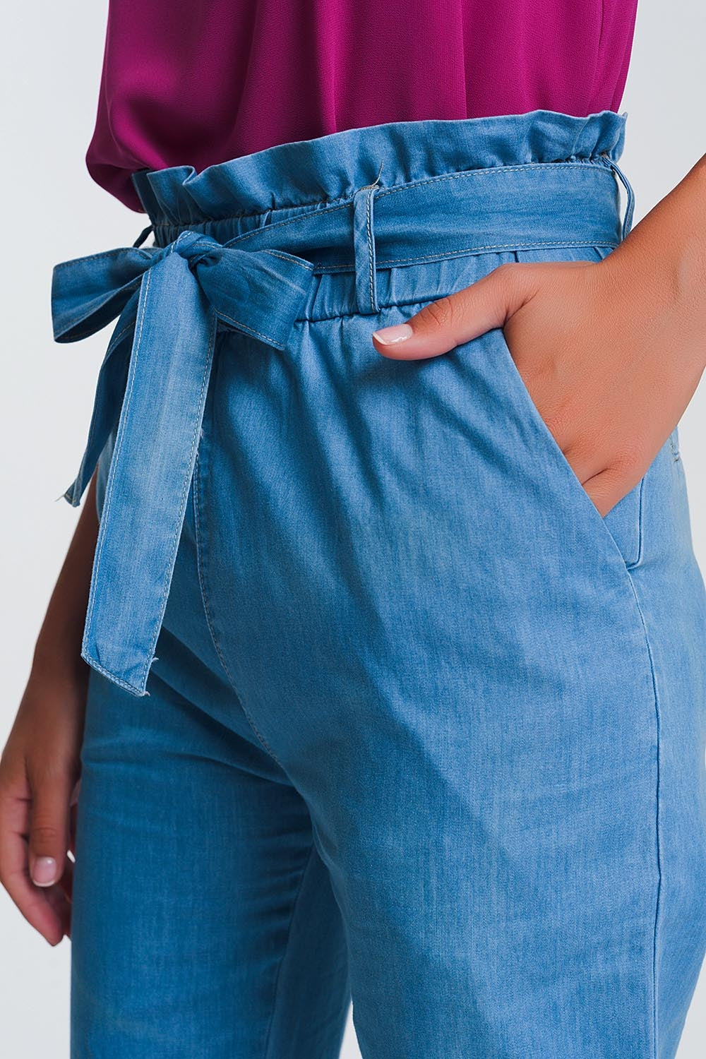 Lightweight Paperbag tie waist jean in light blue