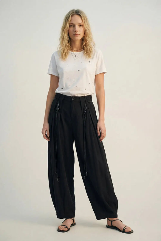 Lightweight Rayon Barrel-Fit Pants in black color - Pants
