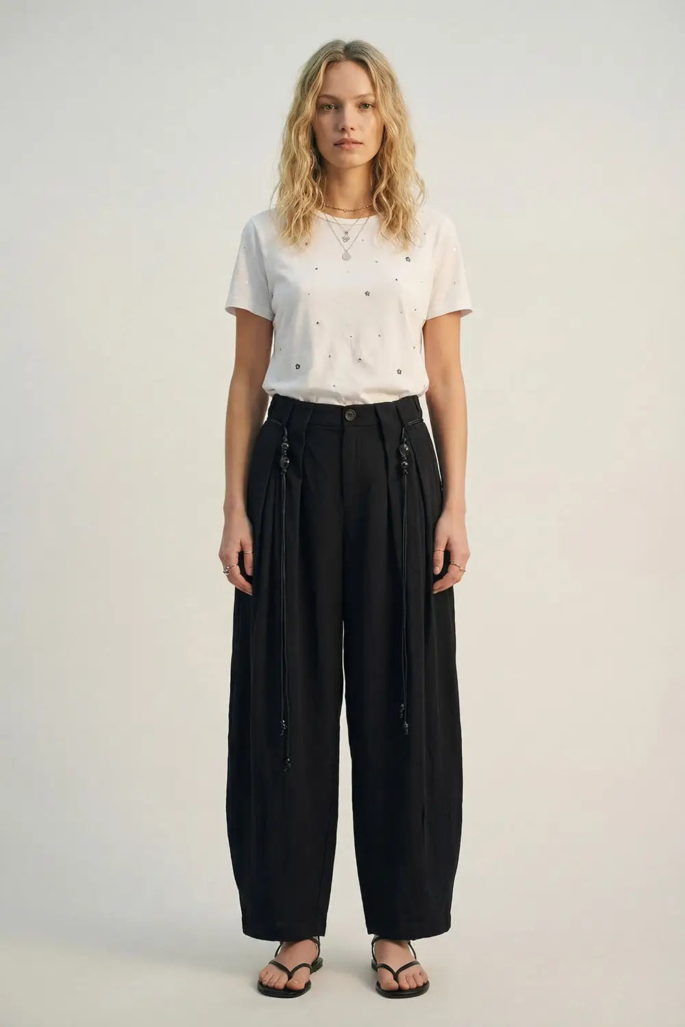 Lightweight Rayon Barrel-Fit Pants in black color - Pants