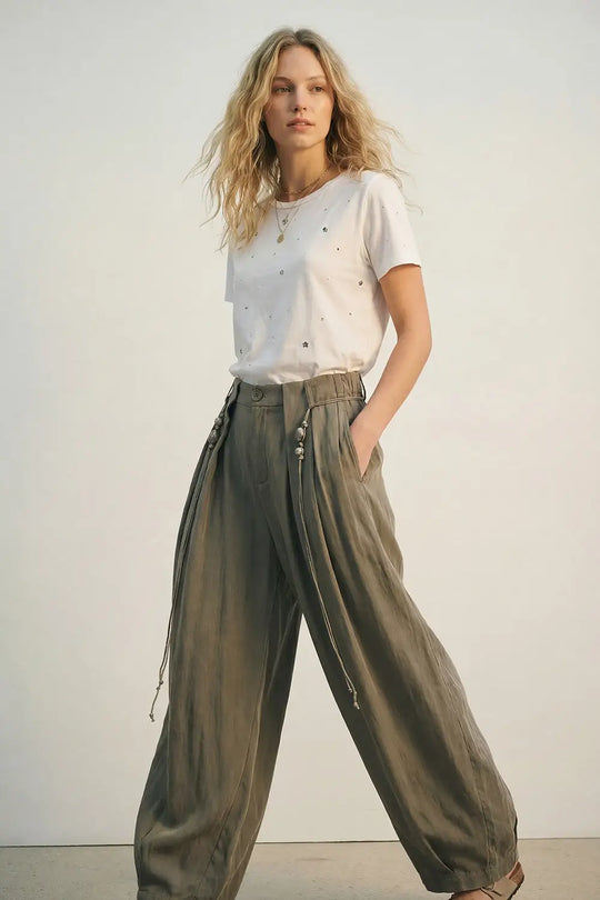 Lightweight Rayon Barrel-Fit Pants in khaki color - Pants