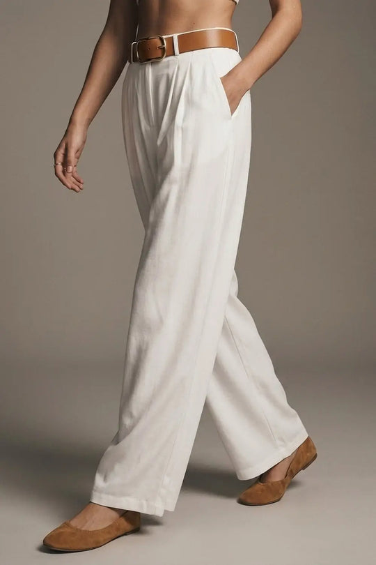Lightweight Woven Fabric Pleated Belted Wide Leg Pants in white - Pants