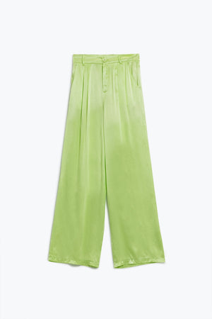 Q2 Lime Flared satin Pants With Pockets