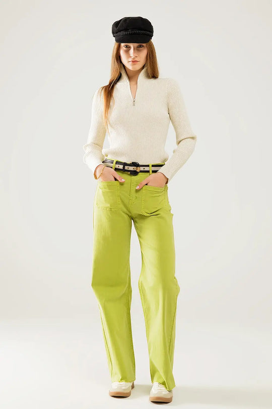 Lime Green Straight Leg Jeans With Front Pockets - Jeans