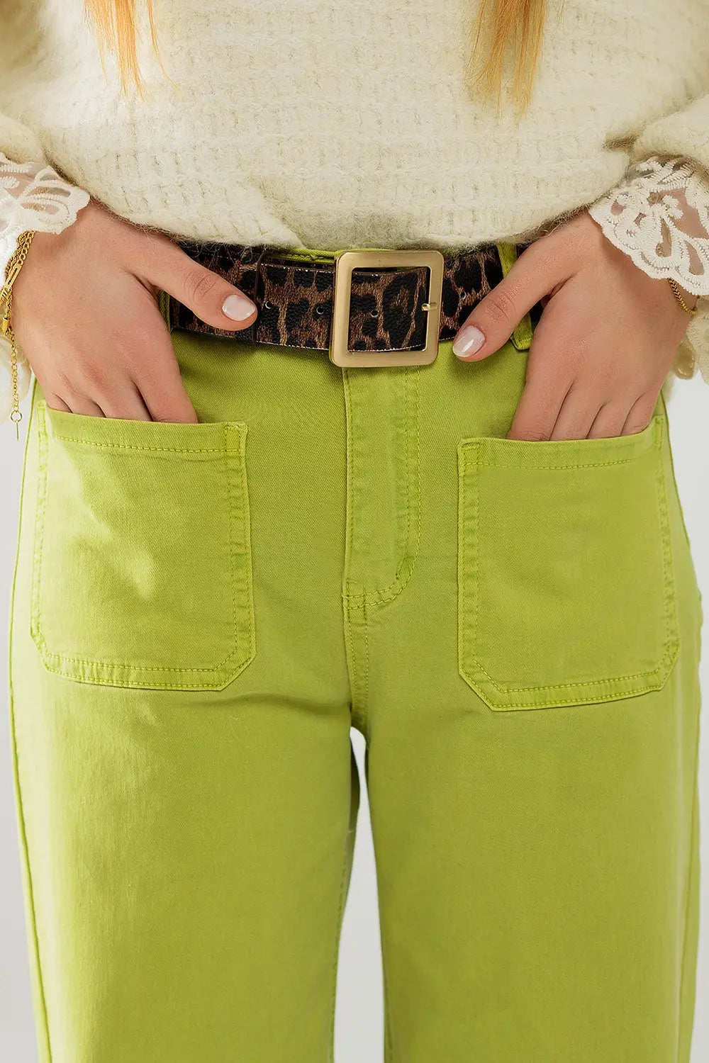 Lime Green Straight Leg Jeans With Front Pockets - Jeans