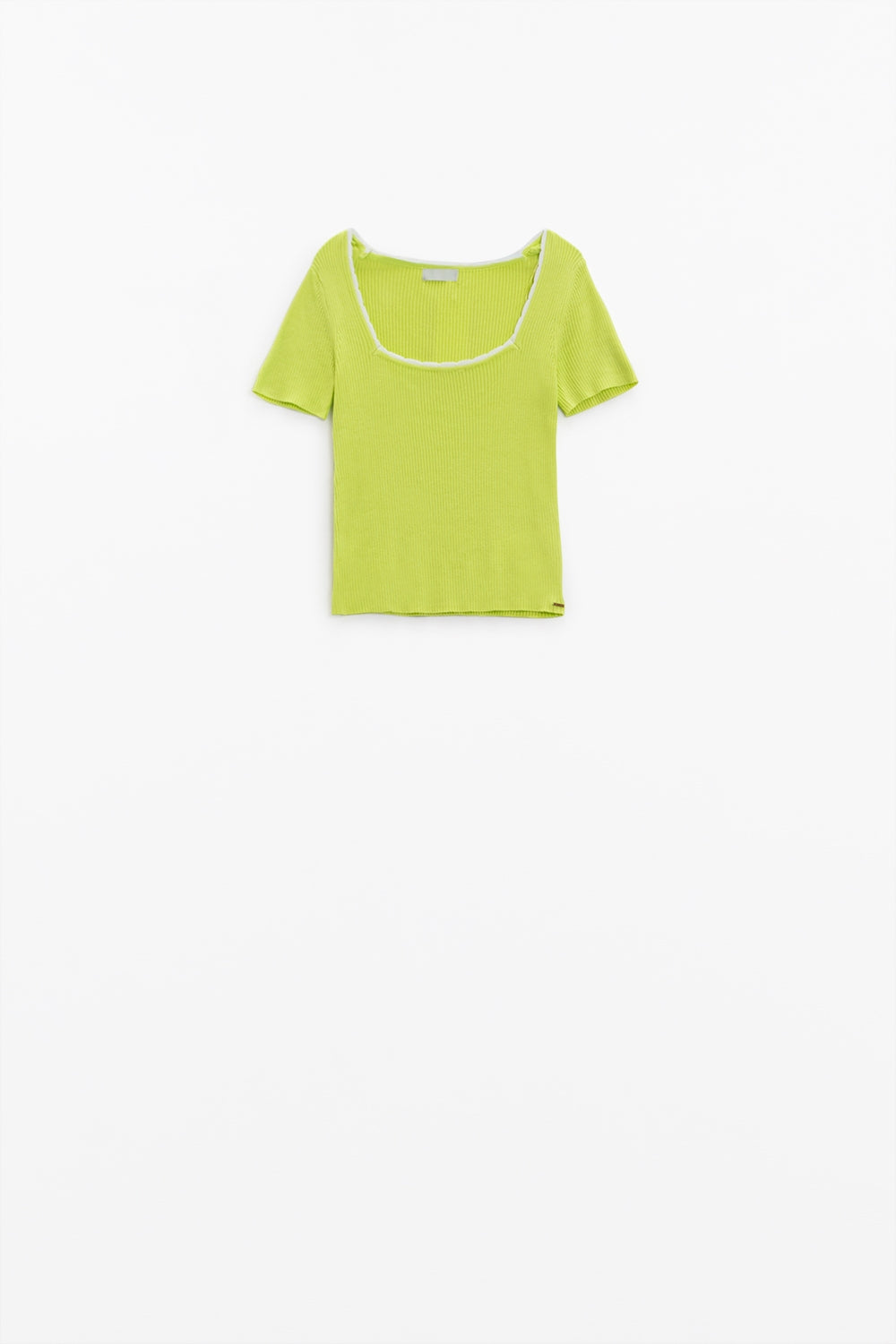 Lime Knitted Short Sleeve Sweater With Square Neck and White Trim