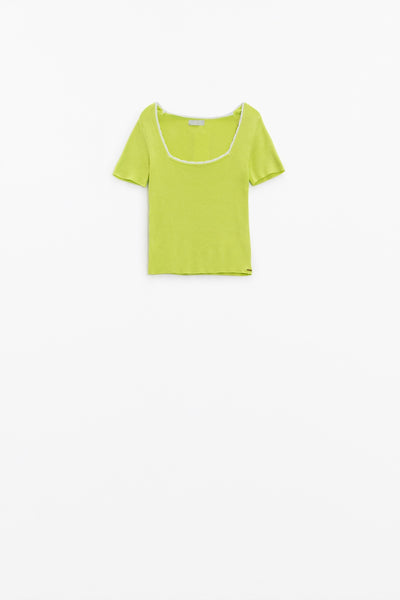 Lime Knitted Short Sleeve Sweater With Square Neck and White Trim