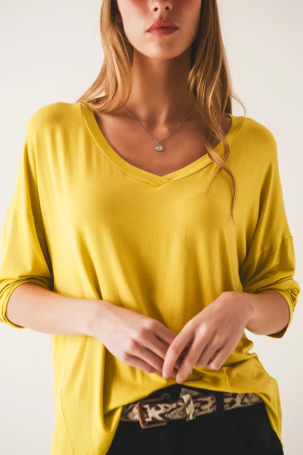 Lime long sleeve v neck top in modal - Tops