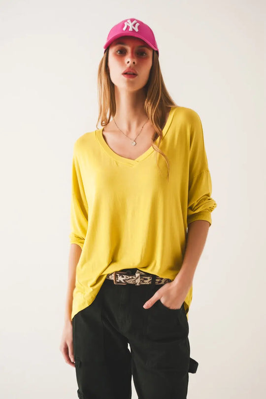 Lime long sleeve v neck top in modal - Tops