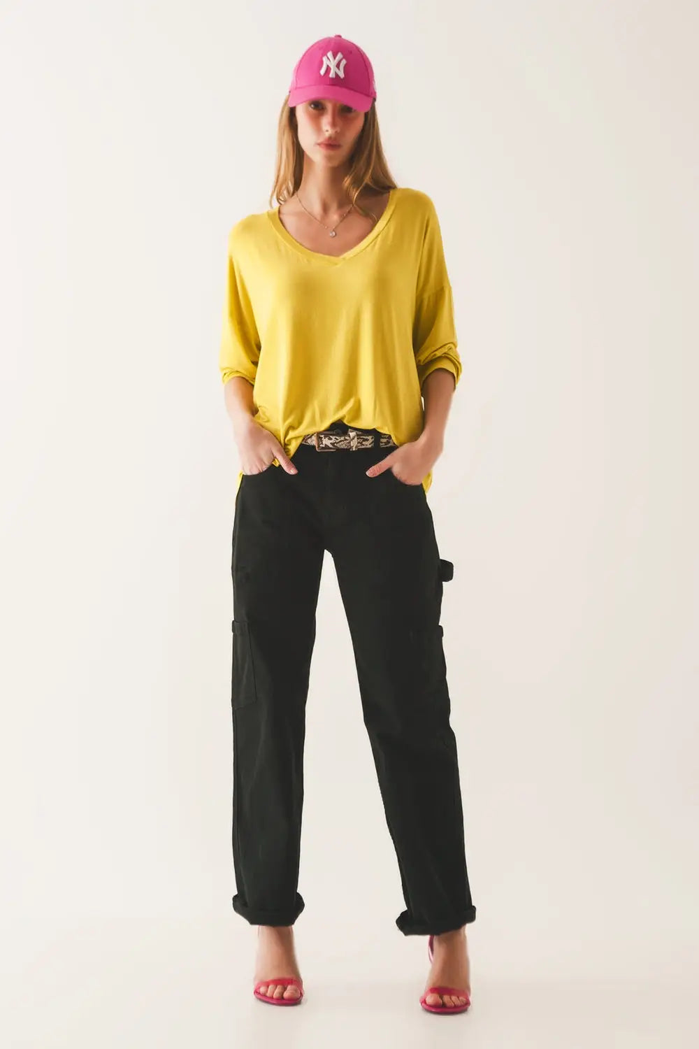 Lime long sleeve v neck top in modal - Tops