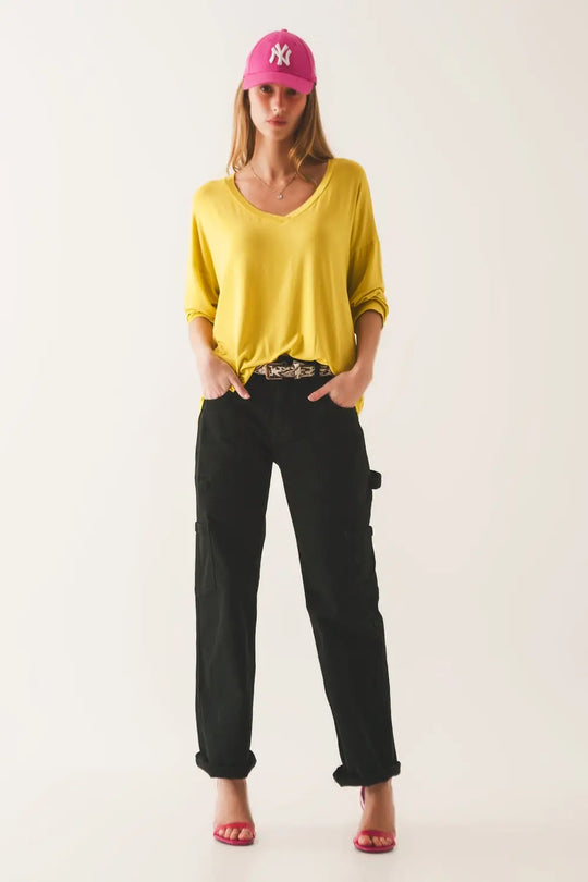 Lime long sleeve v neck top in modal - Tops