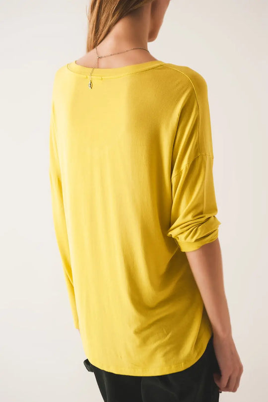 Lime long sleeve v neck top in modal - Tops