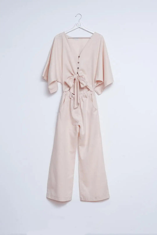 Q2 Linen Tie waist jumpsuit in beige