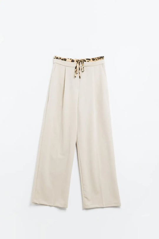 Long beige pleated trousers with leopard detail at the waist - Pants