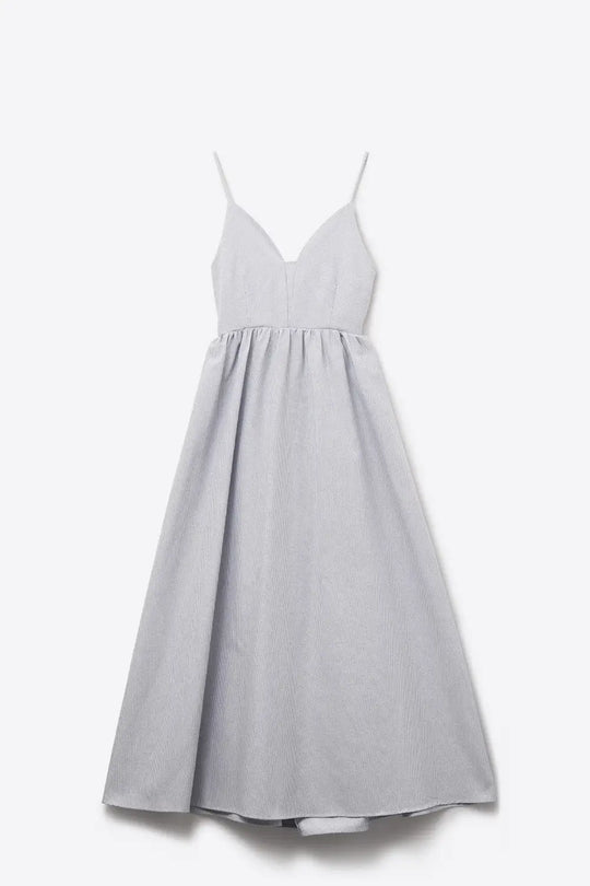 Q2 long blue striped dress with straps and crisscrossed back straps