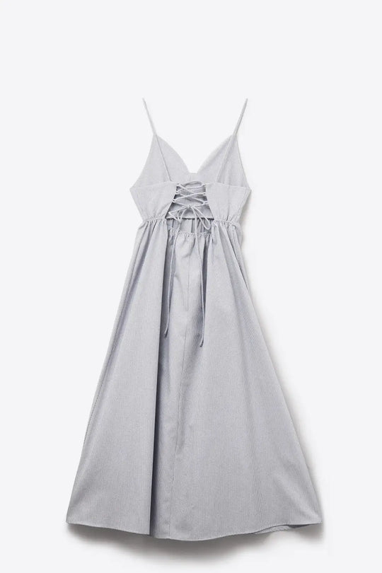 long blue striped dress with straps and crisscrossed back straps - Dresses