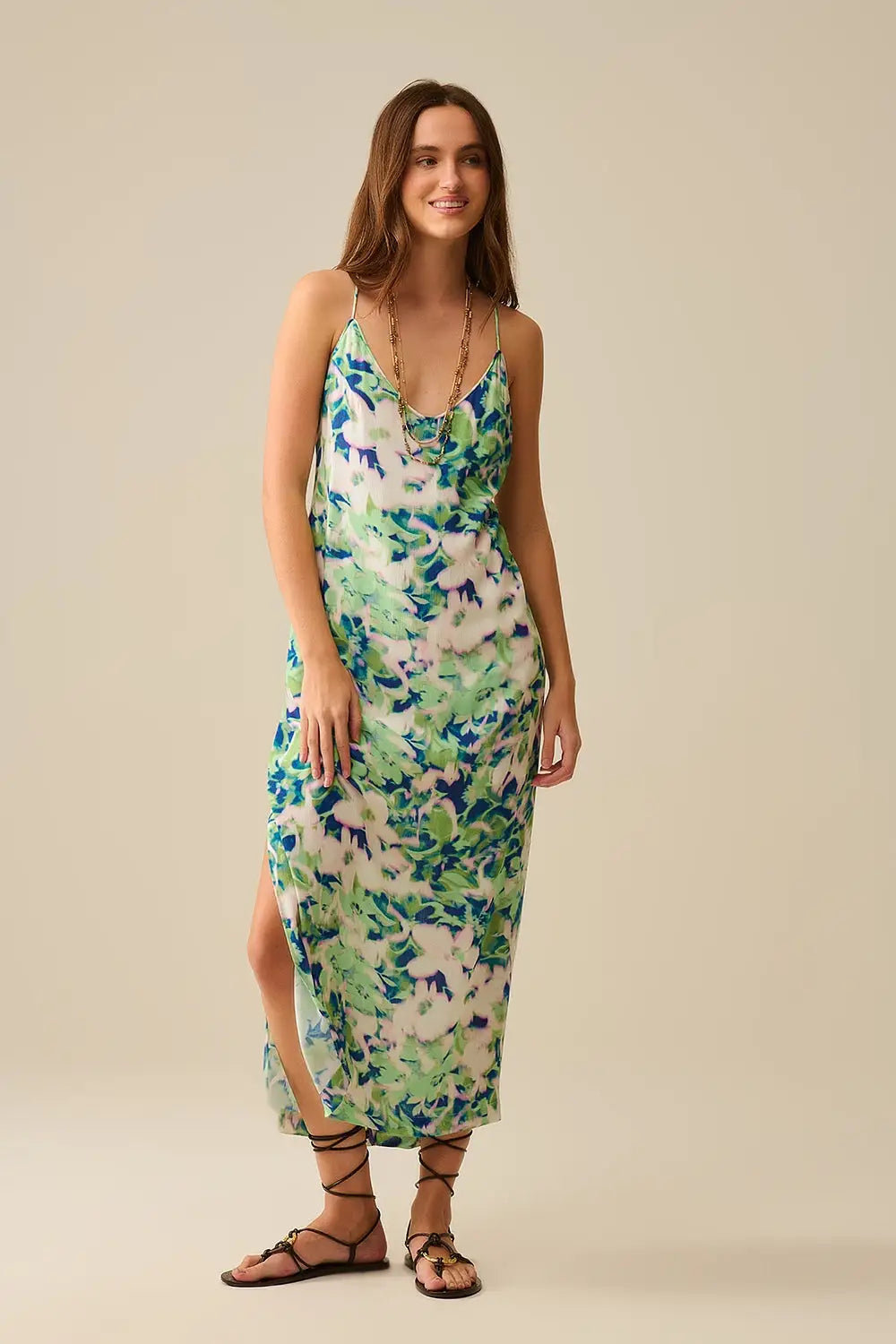 Q2 long green floral print dress with wide back neckline