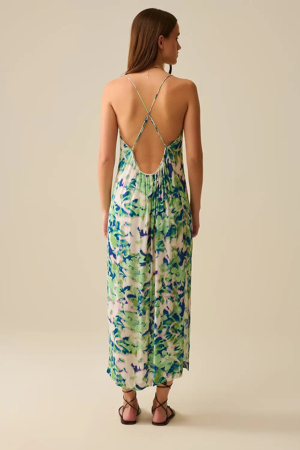 long green floral print dress with wide back neckline - Dresses