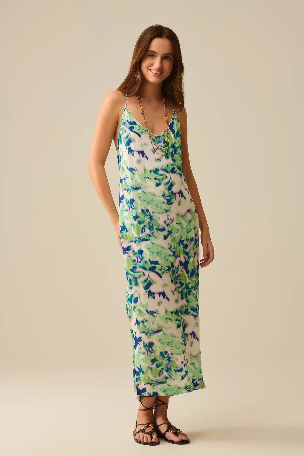 long green floral print dress with wide back neckline - Dresses