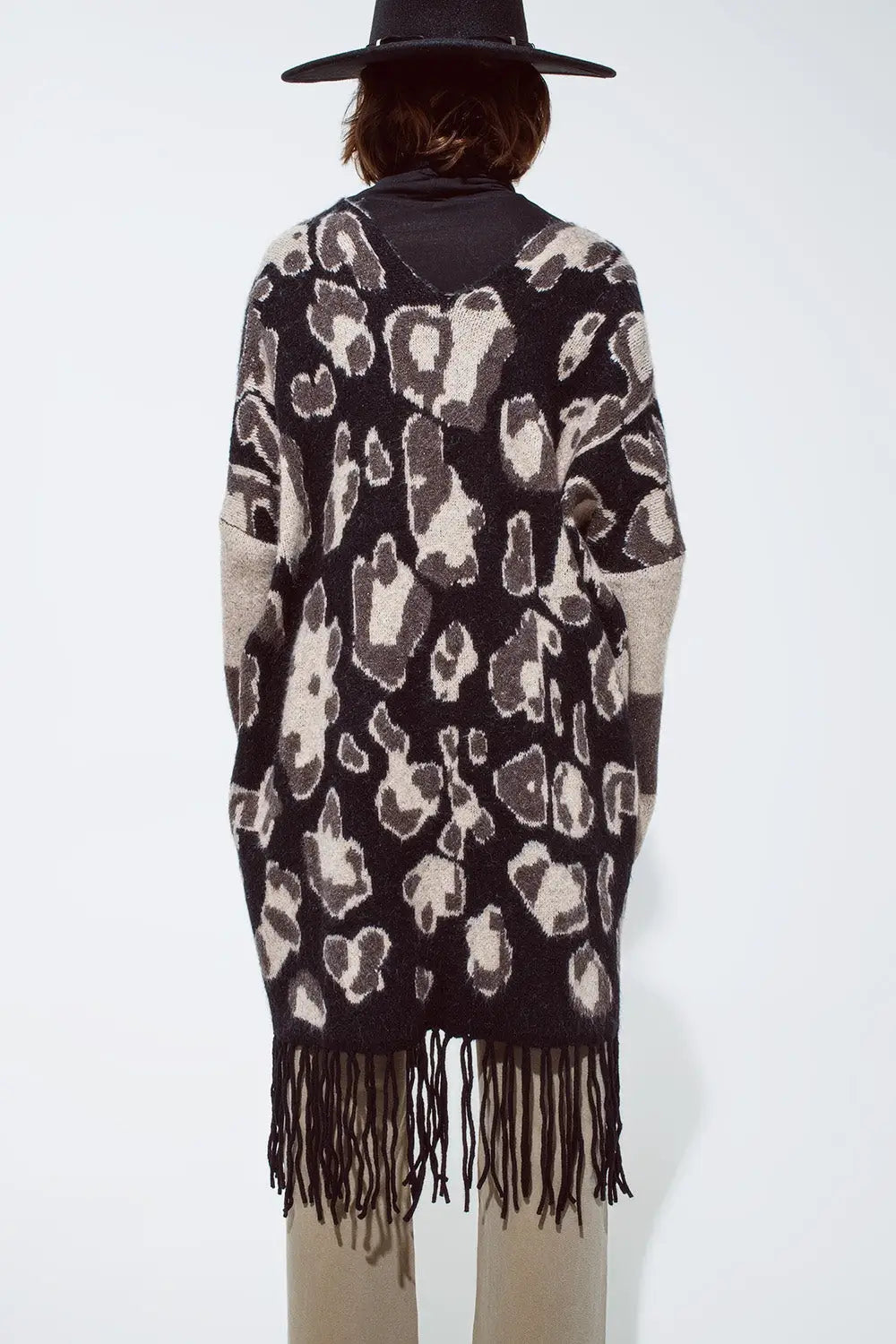 Long Open Cardigan With Cheetah Print and Fringe In Black and Grey - One Size / Brown - Sweaters