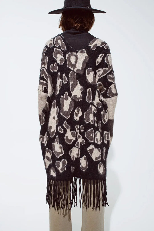 Long Open Cardigan With Cheetah Print and Fringe In Black and Grey - One Size / Brown - Sweaters