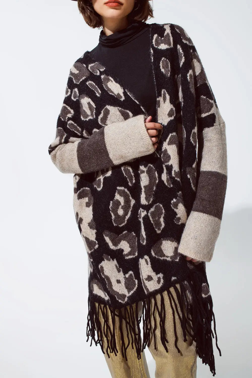 Long Open Cardigan With Cheetah Print and Fringe In Black and Grey - One Size / Brown - Sweaters