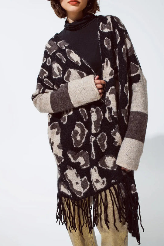 Long Open Cardigan With Cheetah Print and Fringe In Black and Grey - One Size / Brown - Sweaters