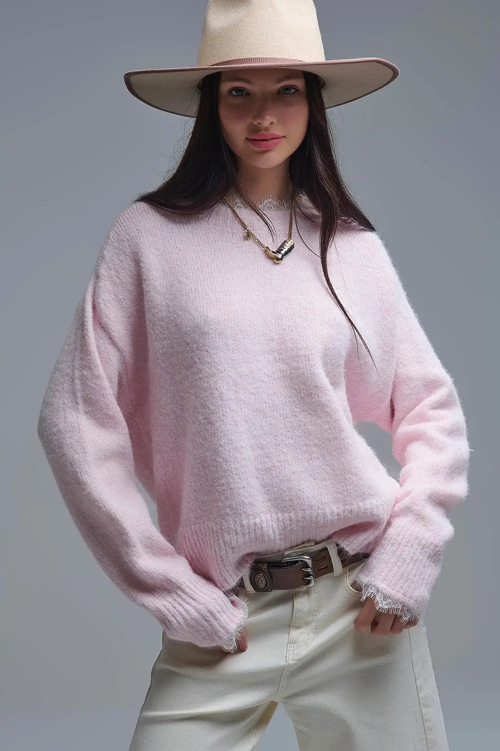 Q2 Long Oversized Pink Sweater With Lace Details at Cuffs and Neck