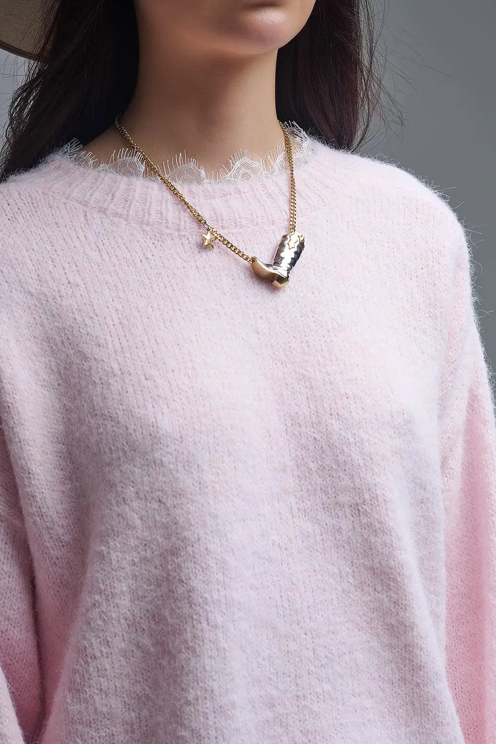 Long Oversized Pink Sweater With Lace Details at Cuffs and Neck - One Size / Pink - Sweaters