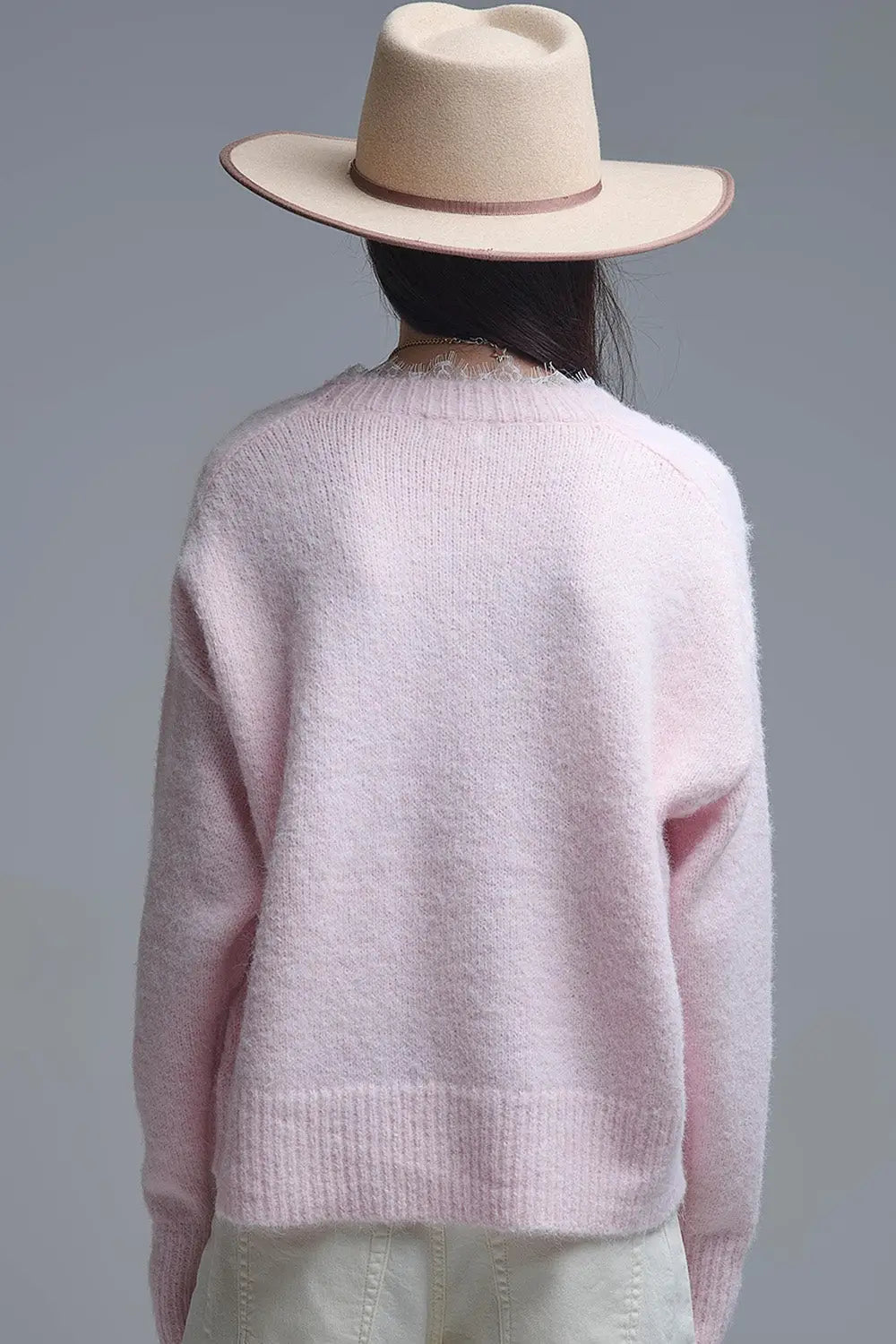 Long Oversized Pink Sweater With Lace Details at Cuffs and Neck - One Size / Pink - Sweaters