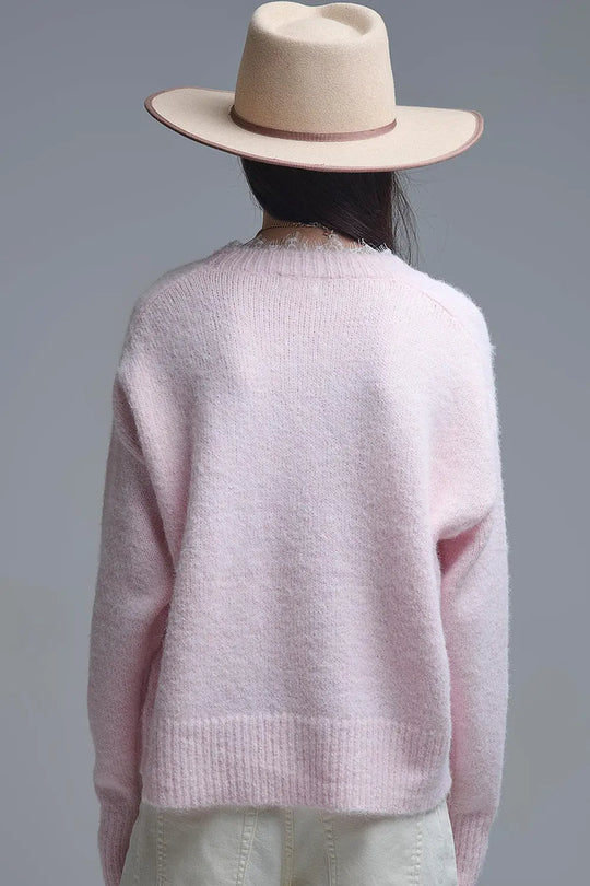 Long Oversized Pink Sweater With Lace Details at Cuffs and Neck - One Size / Pink - Sweaters