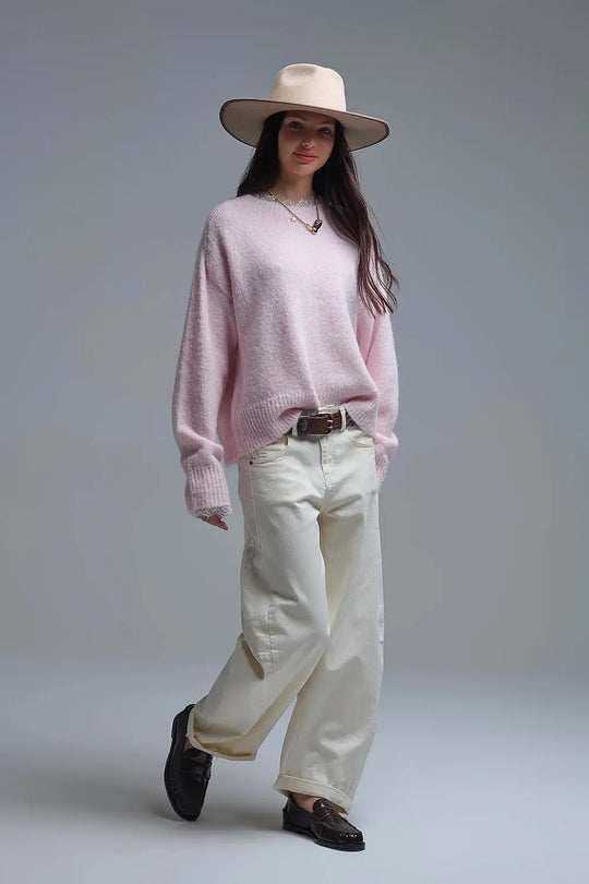 Long Oversized Pink Sweater With Lace Details at Cuffs and Neck - One Size / Pink - Sweaters