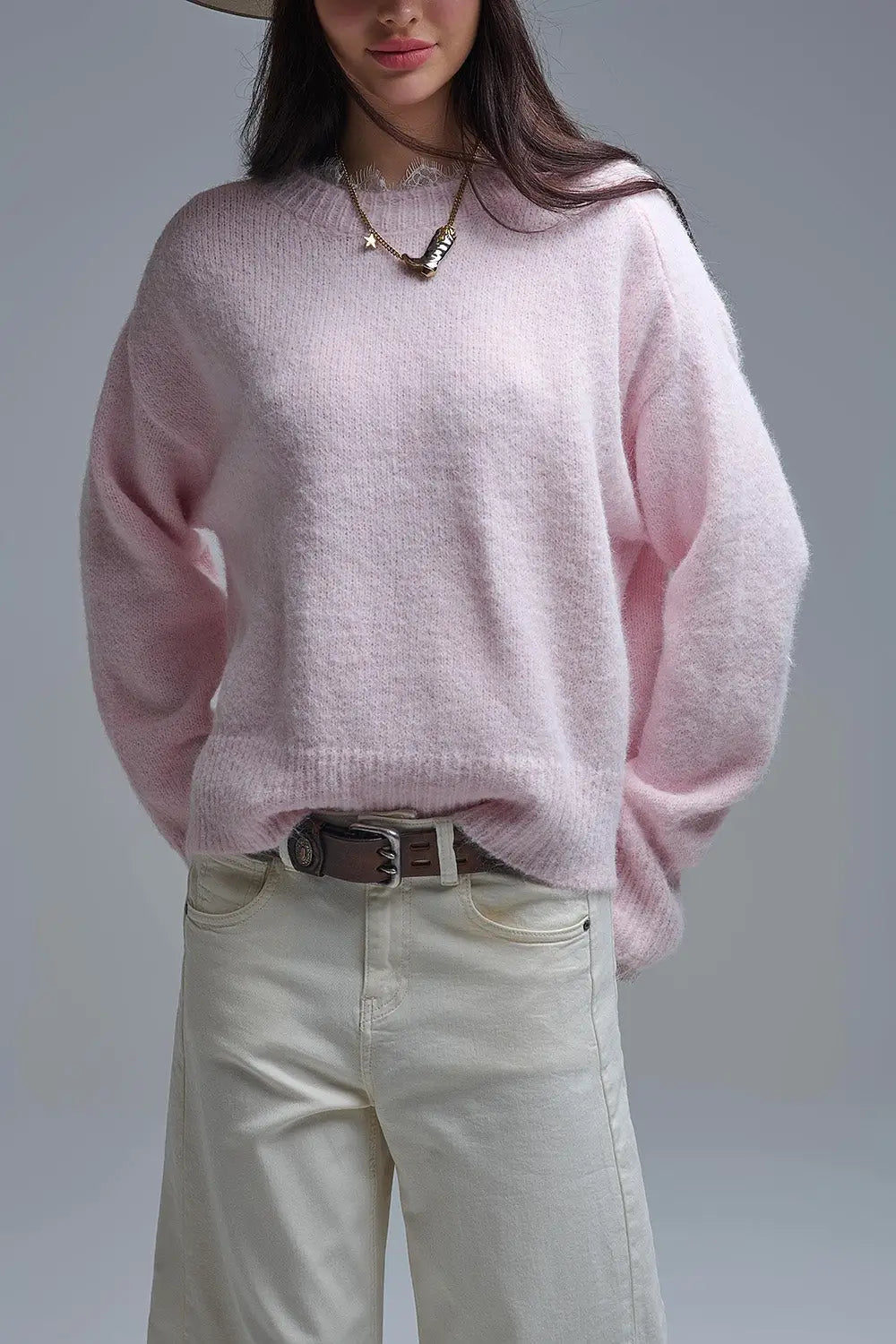 Long Oversized Pink Sweater With Lace Details at Cuffs and Neck - One Size / Pink - Sweaters