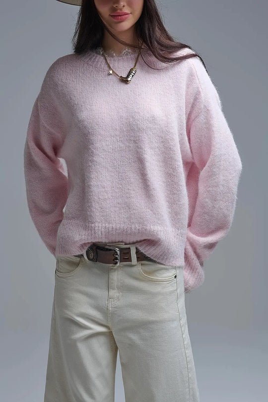 Long Oversized Pink Sweater With Lace Details at Cuffs and Neck - One Size / Pink - Sweaters